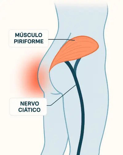 Ilustração anatômica do músculo piriforme e sua relação com o nervo ciático, mostrando a possível compressão que causa dor.