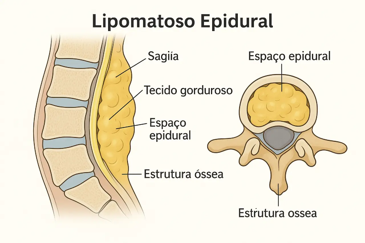 Ilustração anatômica mostrando lipomatose epidural com acúmulo de gordura no espaço epidural da coluna vertebral.